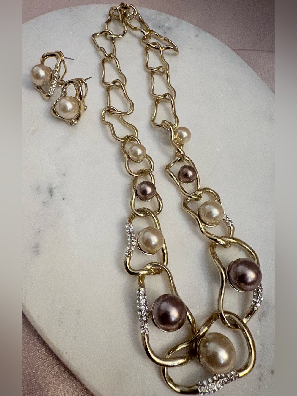 Signed Designer Gold Tone Faux Pearl & Crystal Statement Necklace & Earrings Set